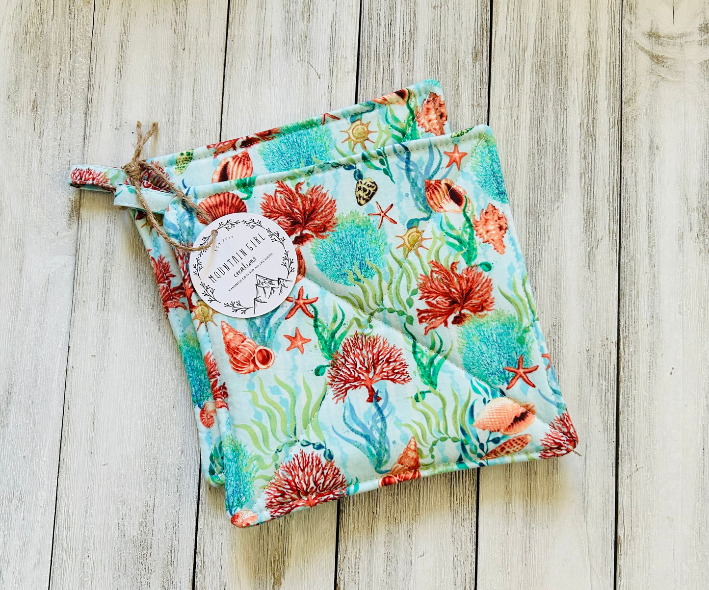 Potholder Set - Beach Themed - Aqua Seashells
