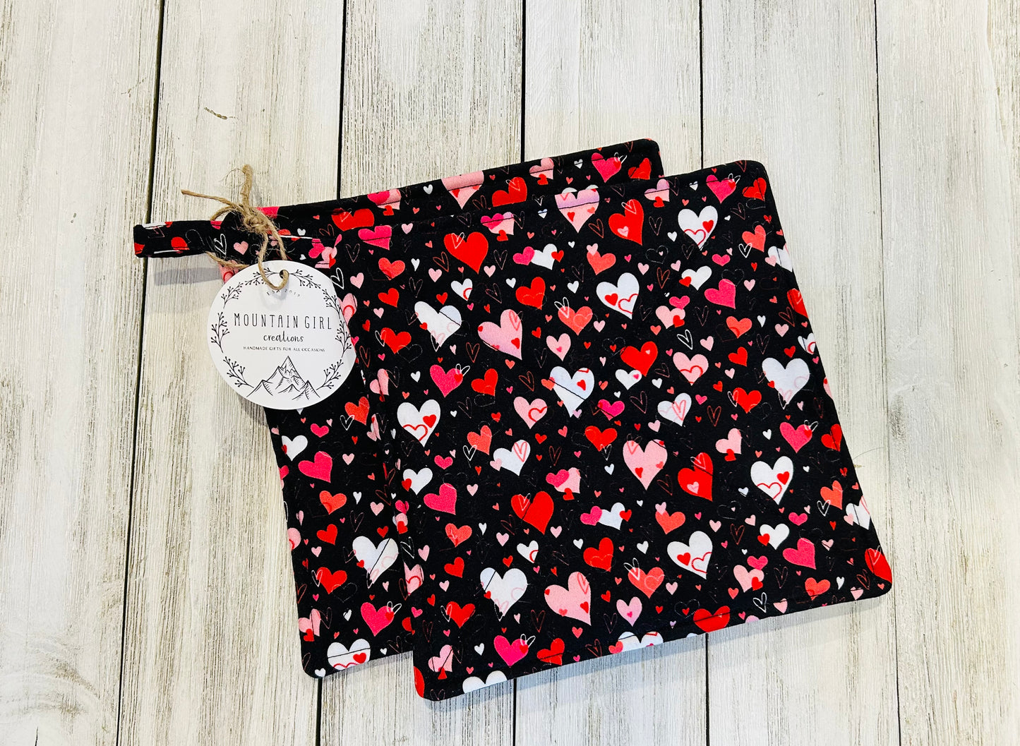 Potholder Set - Valentines Day Themed - Hearts on Black