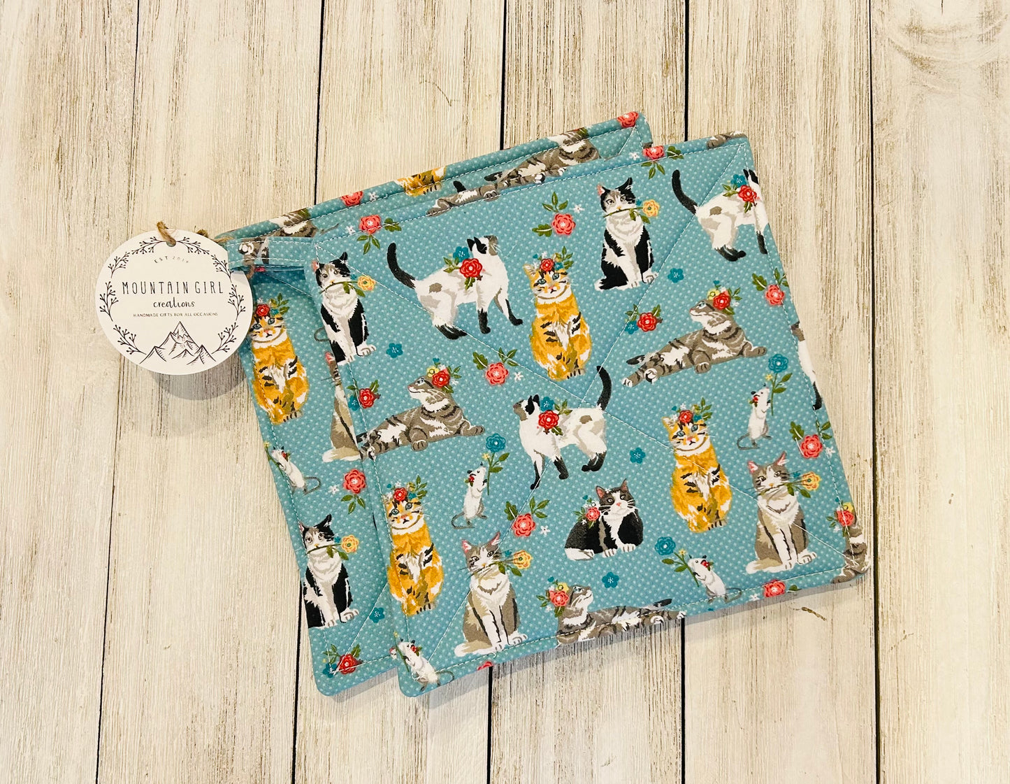 Potholder Set - Cat Themed - Multi Cats on Blue