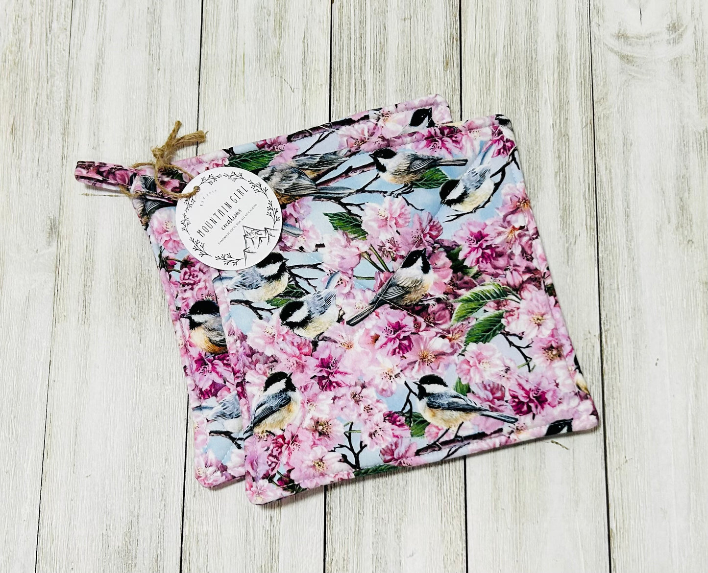 Potholder Set - Bird Themed - Pink Chickadee Potholders
