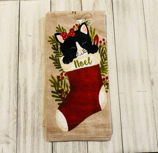 Dish Towel - Christmas Themed - Christmas Cat in Stocking