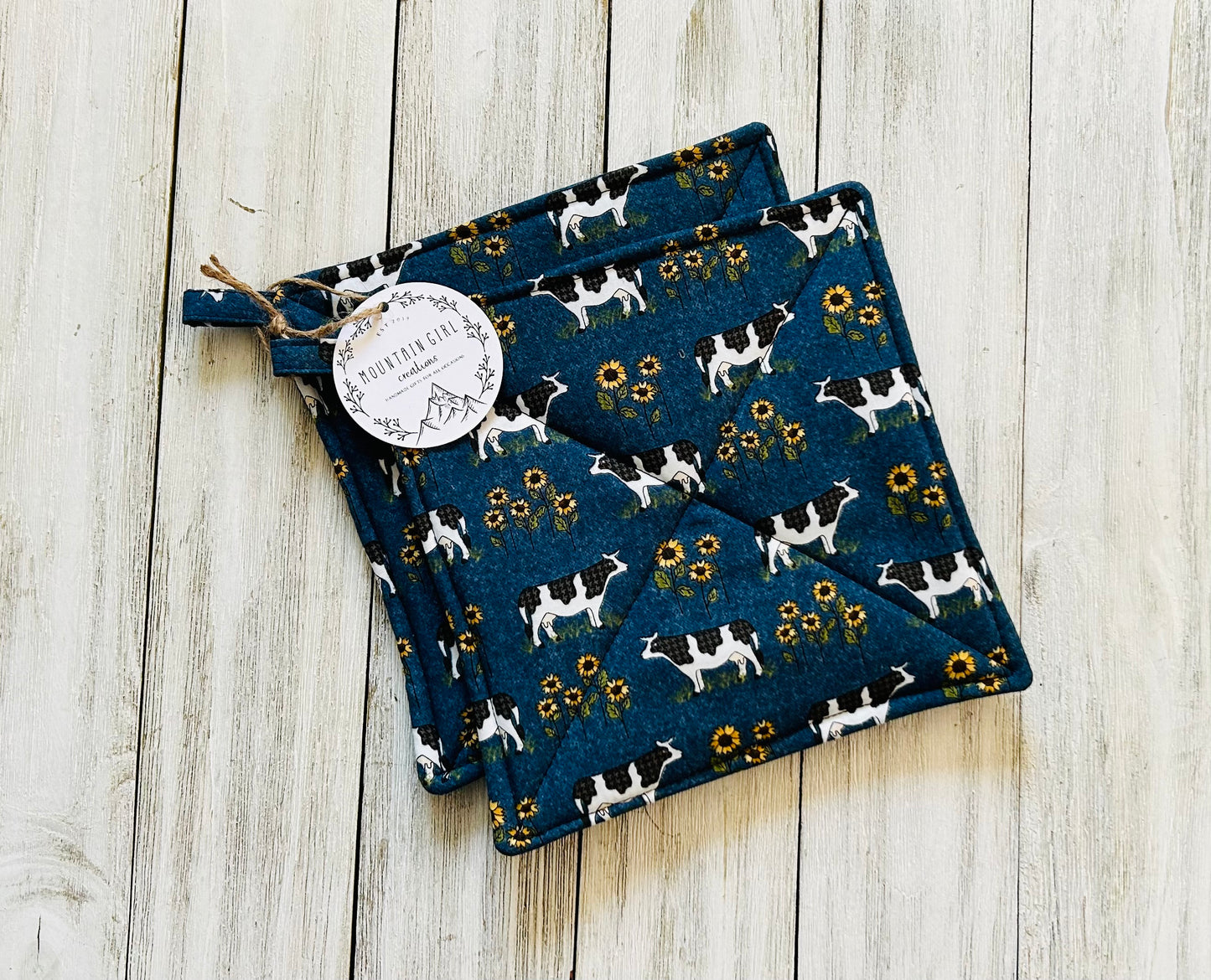 Potholder Set - Farm Themed - Cows and Sunflowers Blue