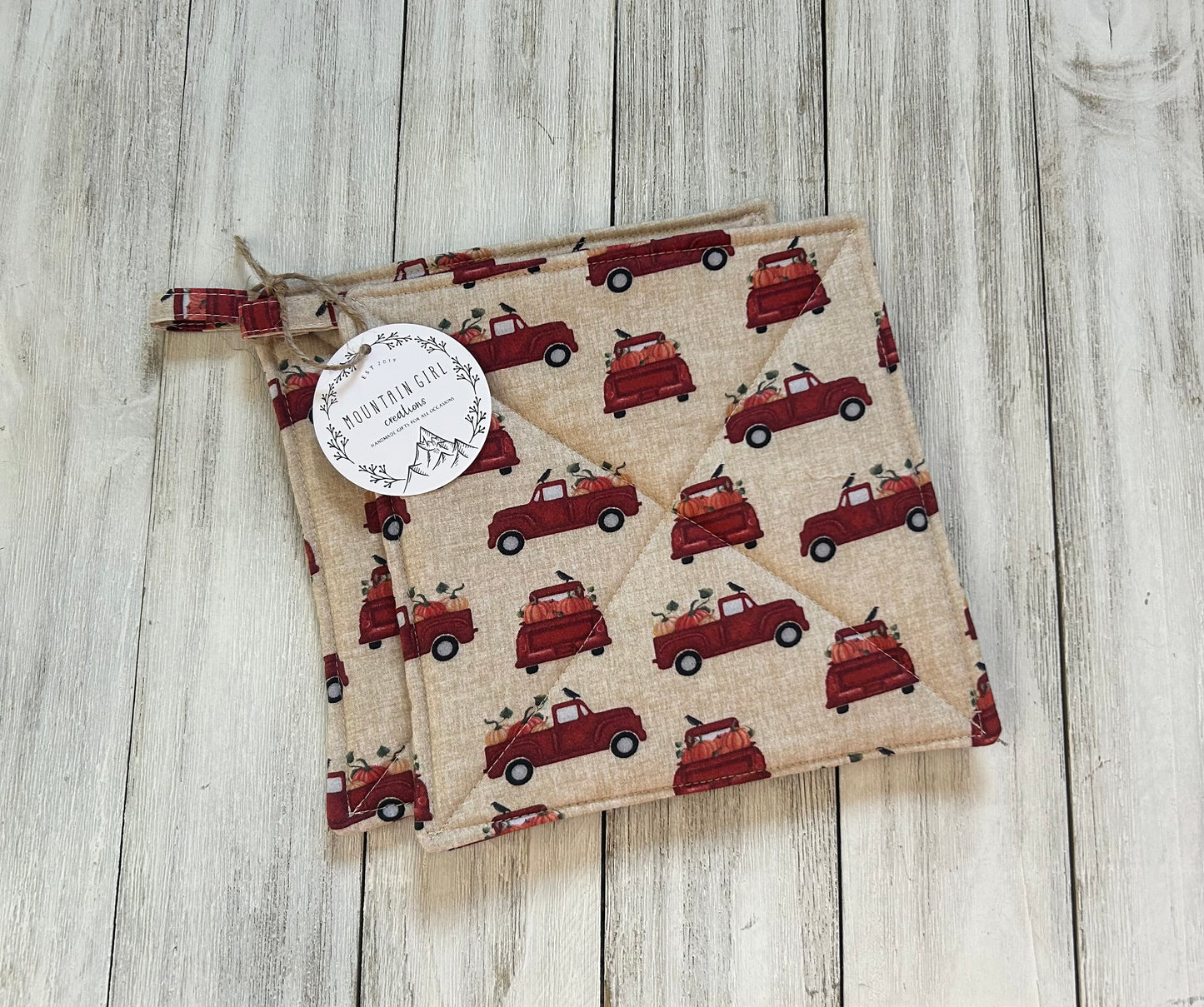 Potholder Set - Fall Themed - Harvest Red Trucks
