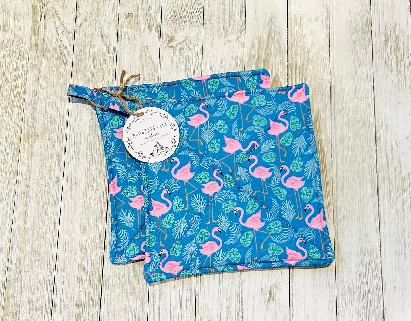 Potholder Set - Flamingo Themed - Flamingos on Blue