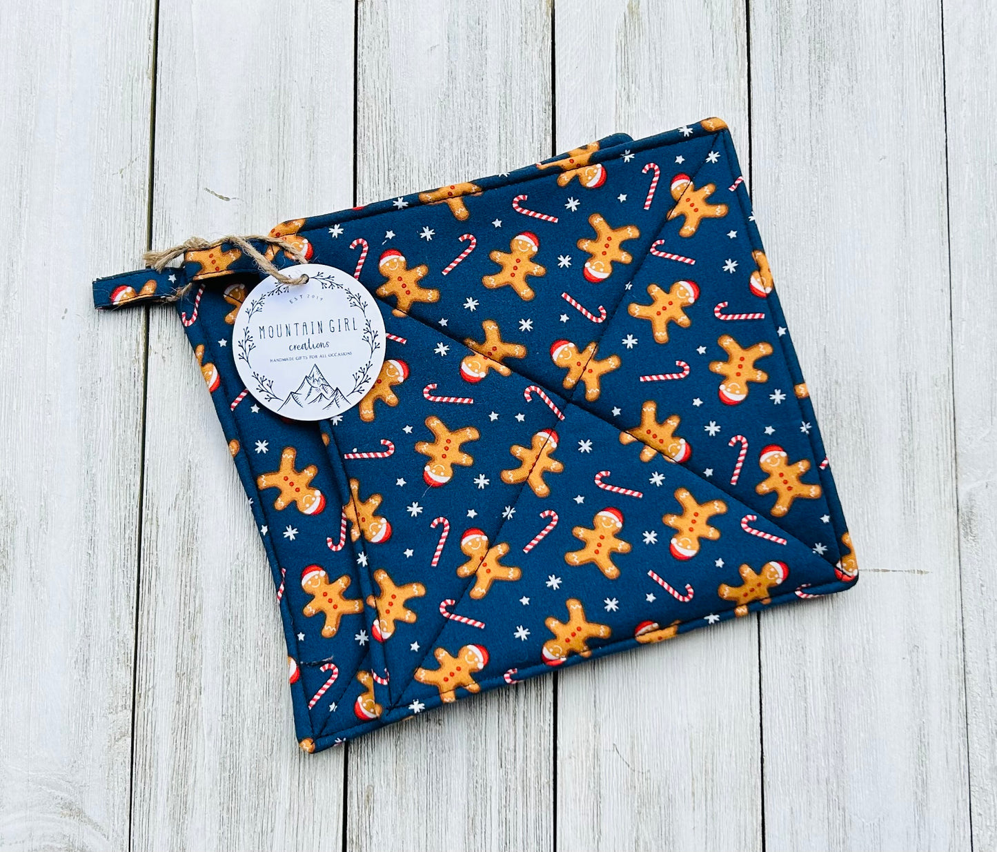 Potholder Set - Christmas Themed - Gingerbread on Blue