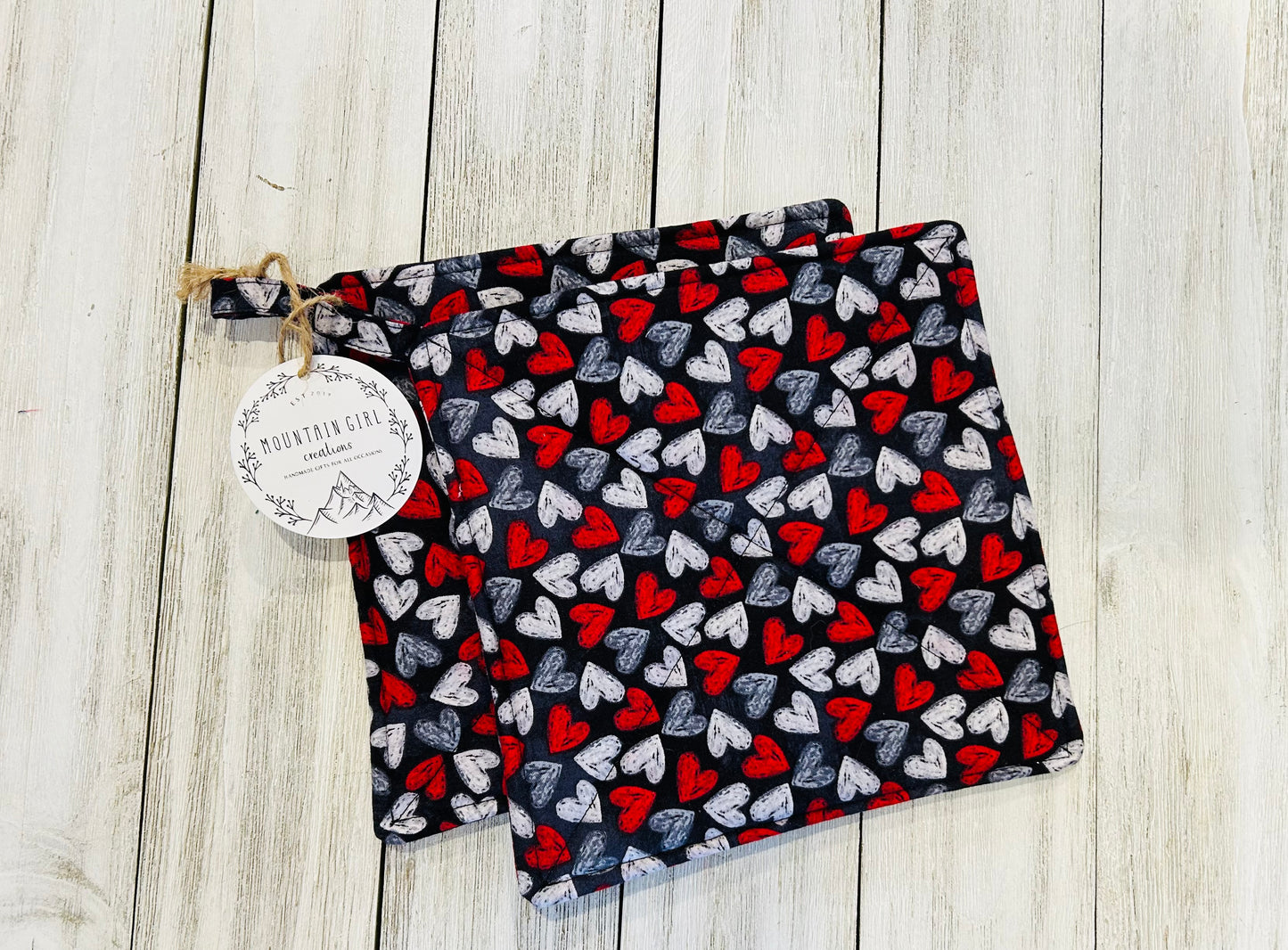 Potholder Set - Valentines Day Themed -Grey Multi Hearts