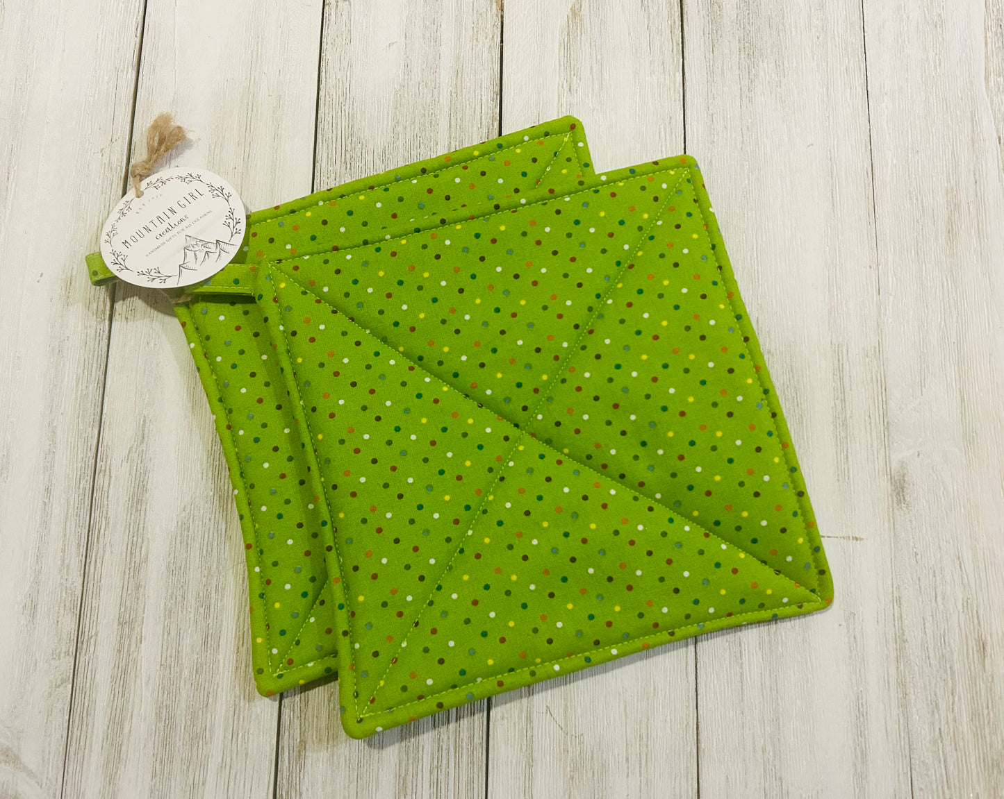 Potholder Set - Christmas Themed - Green Polka Dots
