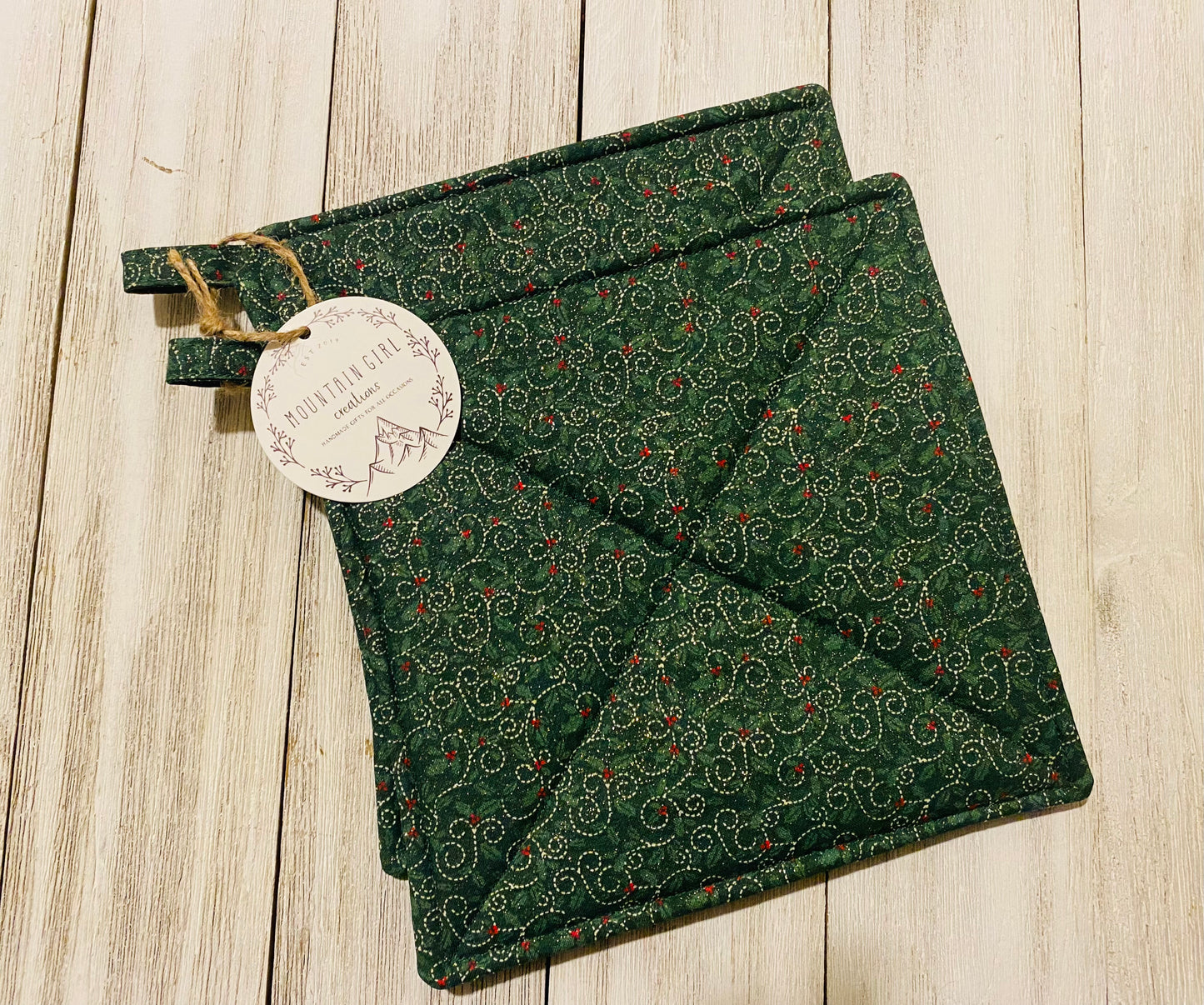 Potholder Set - Christmas Themed - Green Glitter