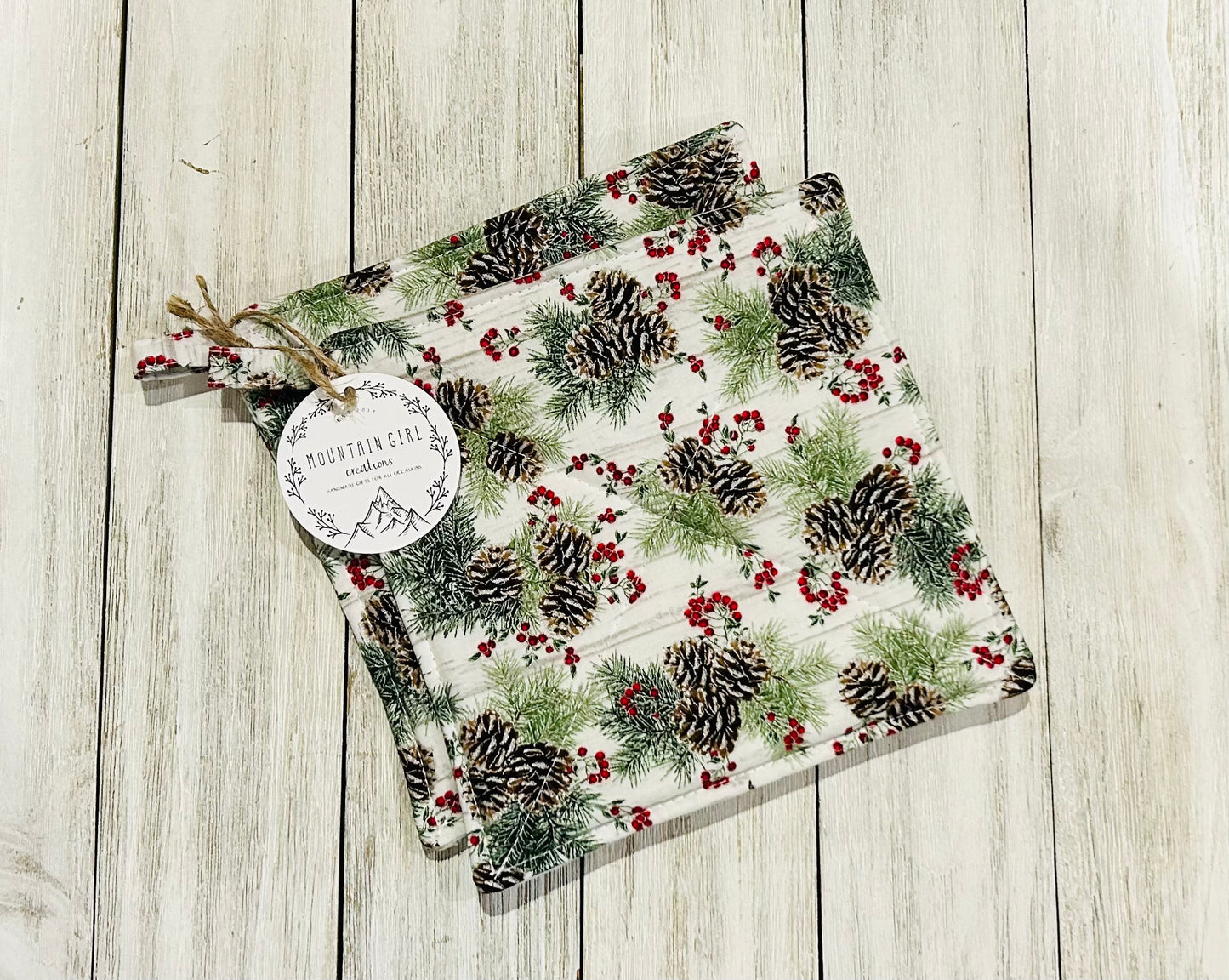 Potholder Set - Christmas Themed - Pinecones and Holly
