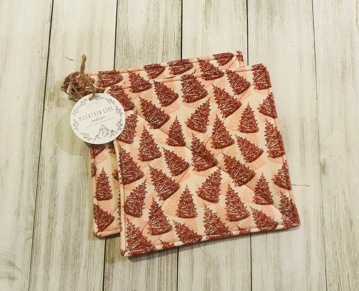 Potholder Set - Christmas Themed - Red Christmas Trees