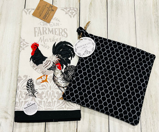 Dish Towel with Matching Potholders - Chickens