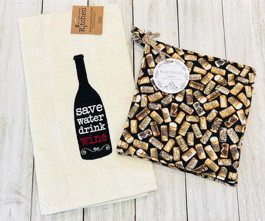 Dish Towel with Matching Potholders - Wine