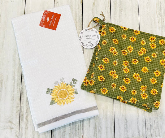 Dish Towel with Matching Potholders - Sunflowers