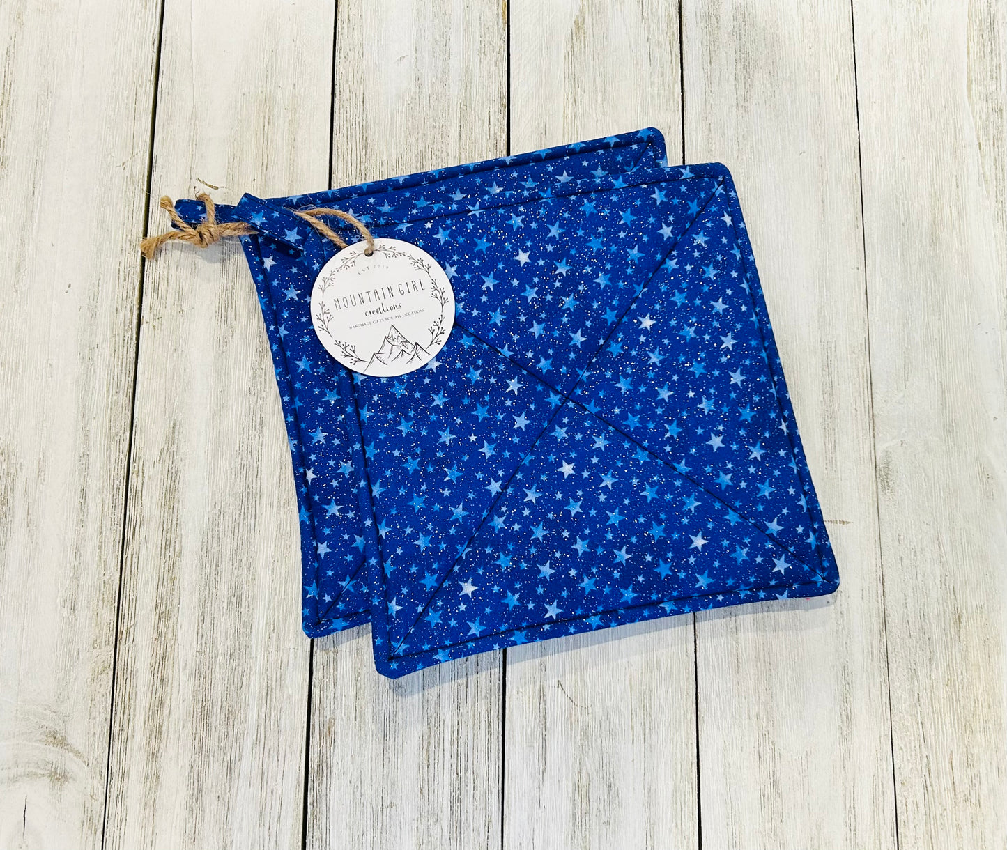 Potholder Set - Patriotic Themed - Glitter Bright Blue Stars 4th of July Potholders