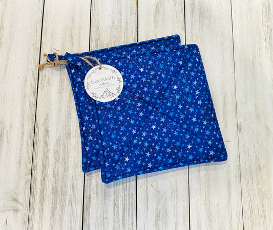 Potholder Set - Patriotic Themed - Glitter Bright Blue Stars 4th of July Potholders
