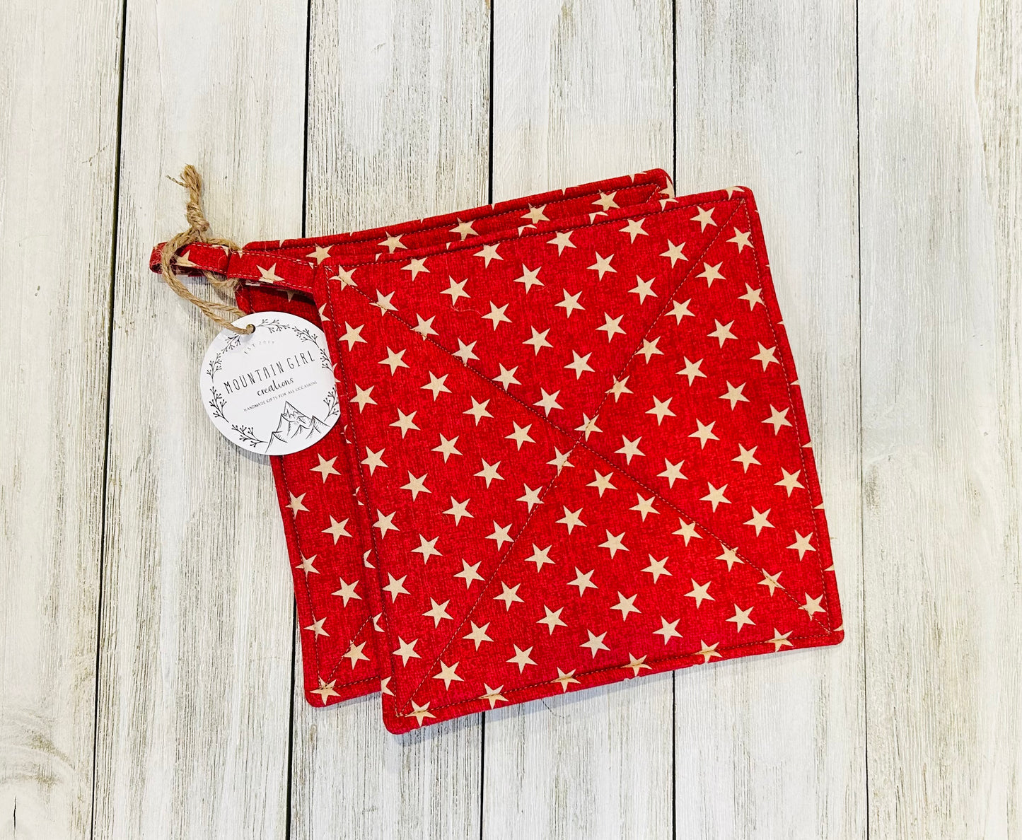 Potholder Set - Patriotic Themed - Red Stars 4th of July Potholders