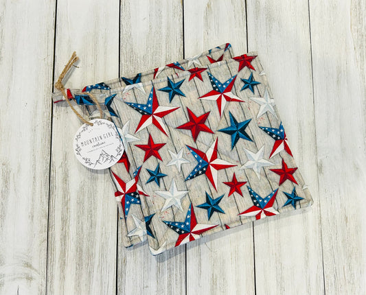 Potholder Set - Patriotic Themed - Woodgrain Stars 4th of July Potholders