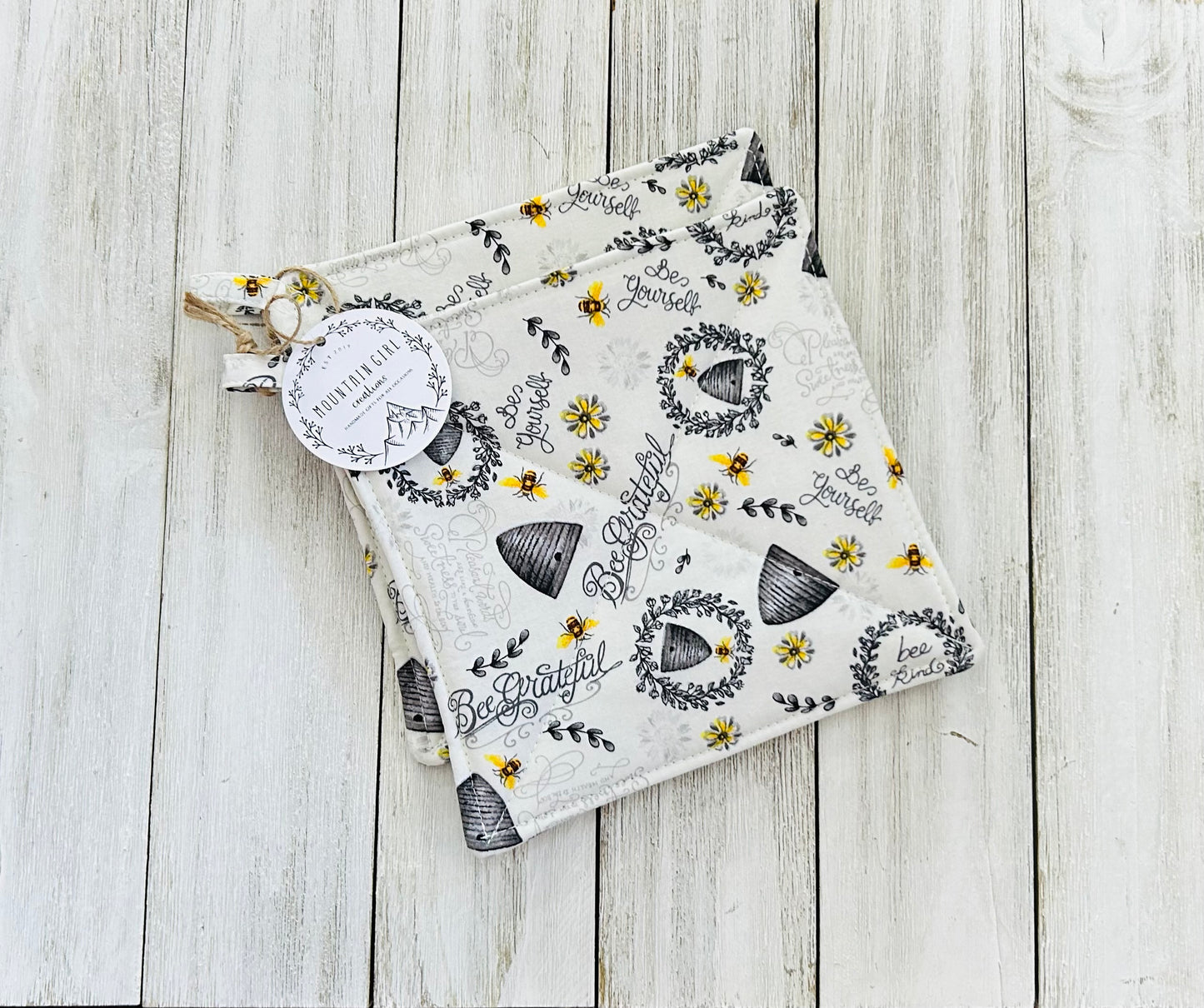 Potholder Set - Bee Themed - Beehive Potholders on White