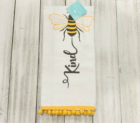 Dish Towel - Bee Themed - Bee Kind w/Pom Poms