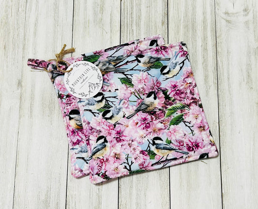 Potholder Set - Bird Themed - Pink Chickadee Potholders