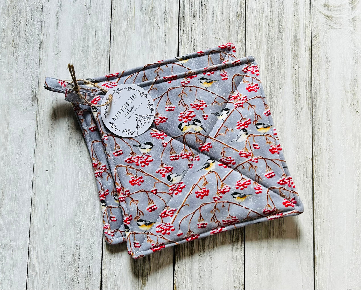 Potholder Set - Christmas Themed - Christmas Chickadee