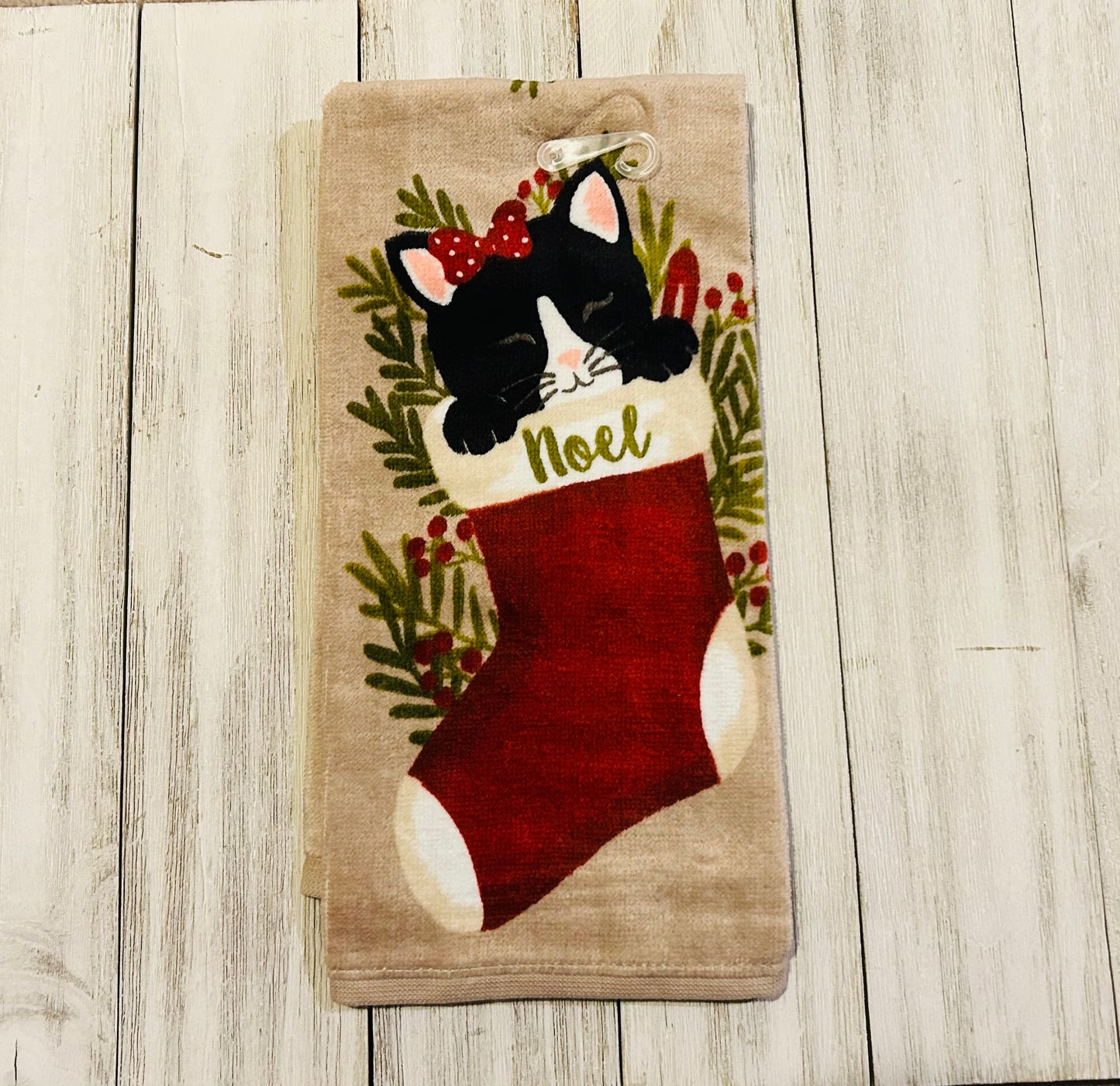 Dish Towel - Christmas Themed - Christmas Cat in Stocking