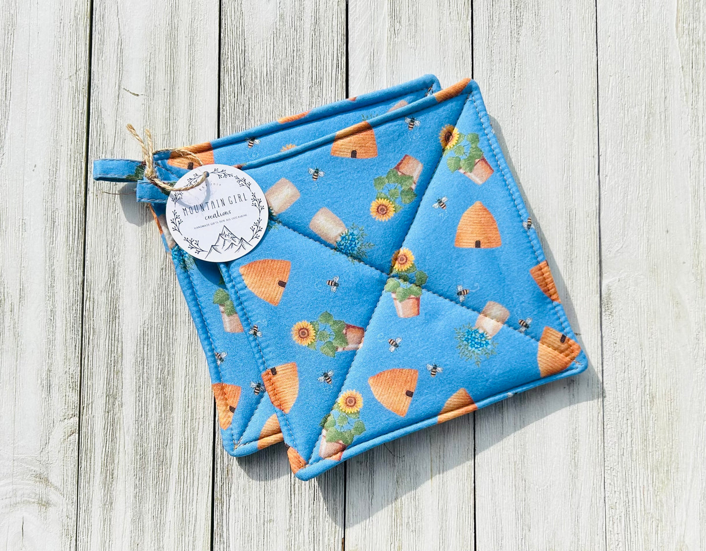 Potholder Set - Bee Themed - Bees on Country Blue