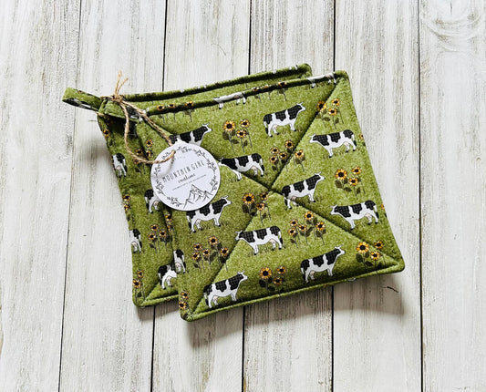 Potholder Set - Farm Themed - Cows and Sunflowers Sage