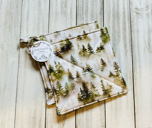 Potholder Set - Mountain Themed - Green and Brown Trees