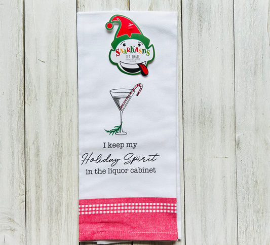 Dish Towel - Christmas Themed - Funny - Holiday Spirit in Liquor Cabinet