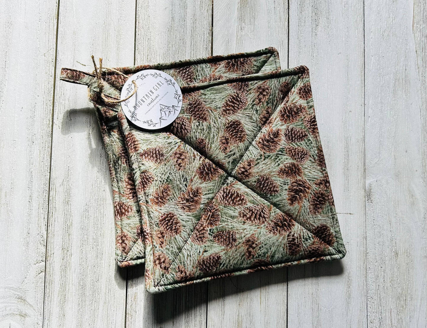 Potholder Set - Christmas Themed - Metallic Pinecones