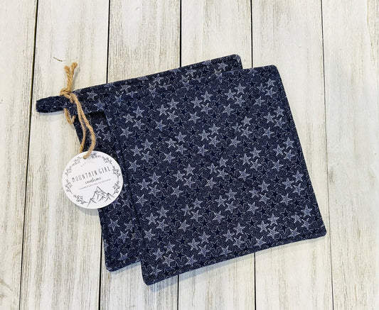 Potholder Set - Patriotic Themed - Navy Stars 4th of July Potholders