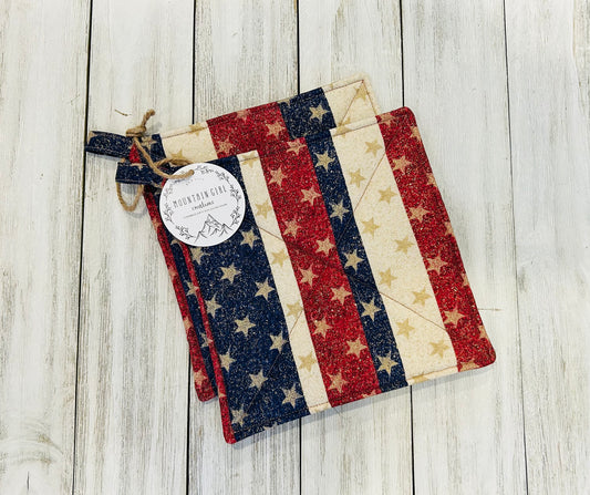 Potholder Set - Patriotic Potholders - Glitter Red White and Blue Stars and Stripes